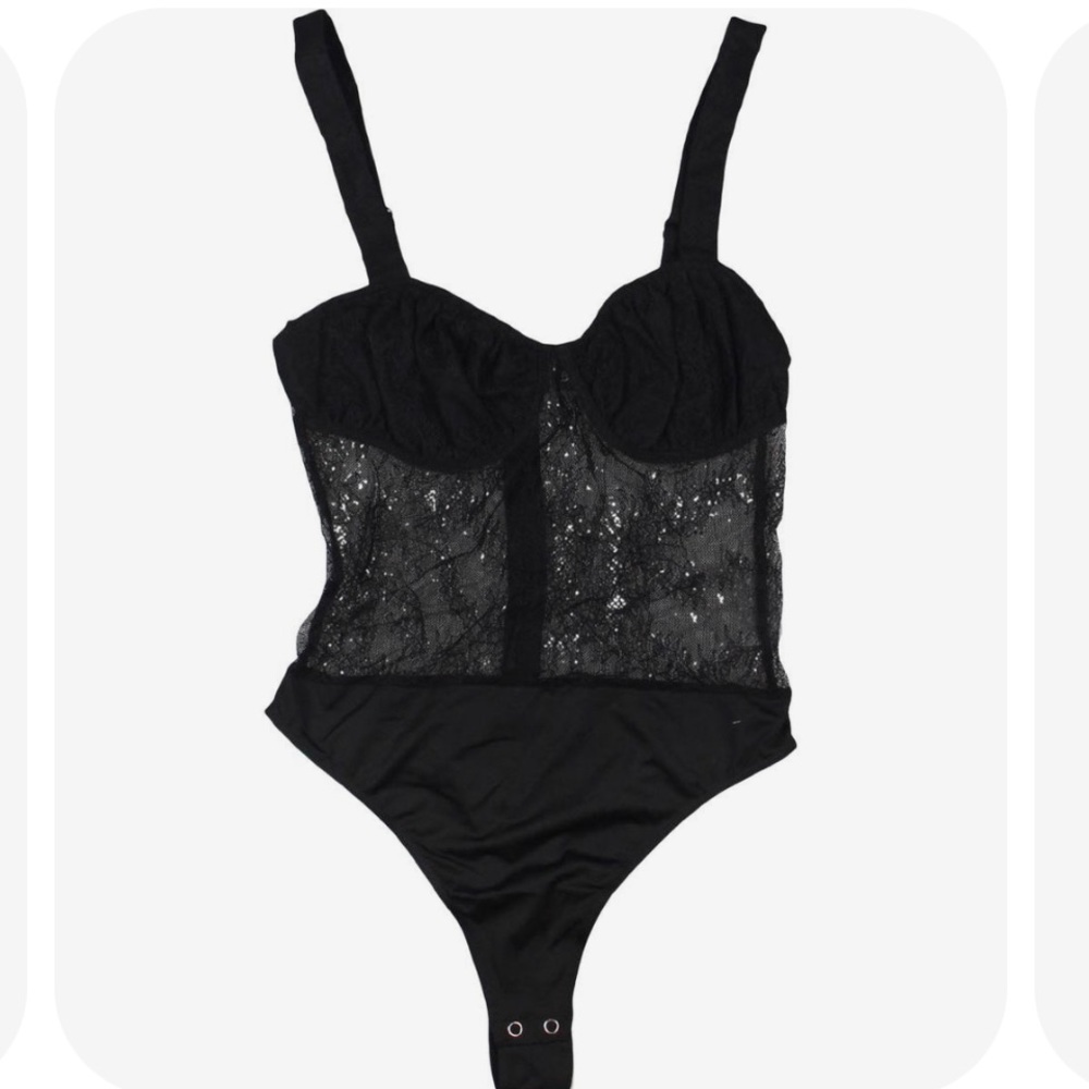 NWT black lace bodysuit silky ruched wide thong high leg 0 4 10 12 14 Bernstein